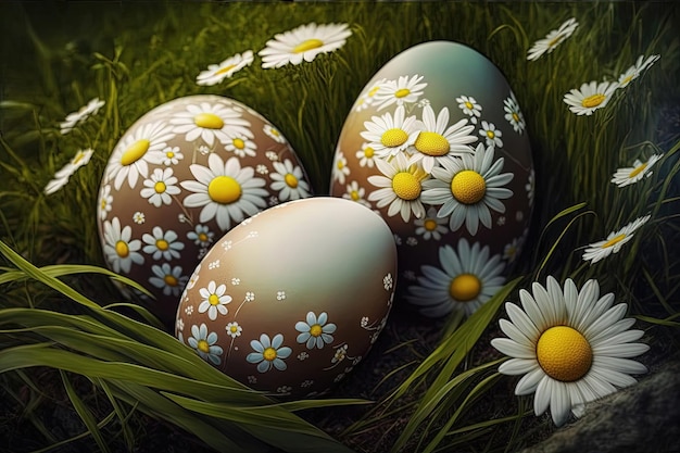 Una colección de huevos de Pascua con un diseño intrincado y colores vibrantes ubicados en un exuberante césped verde Creado con IA