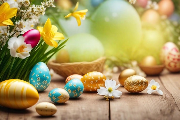 una colección de huevos de Pascua y flores están en una mesa