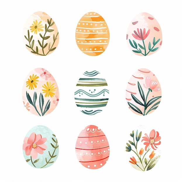 una colección de huevos de pascua con flores y hojas