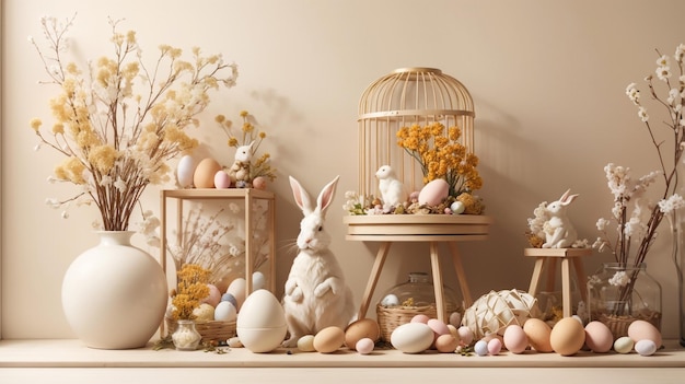 una colección de huevos de Pascua y huevos, incluidos conejos y huevos