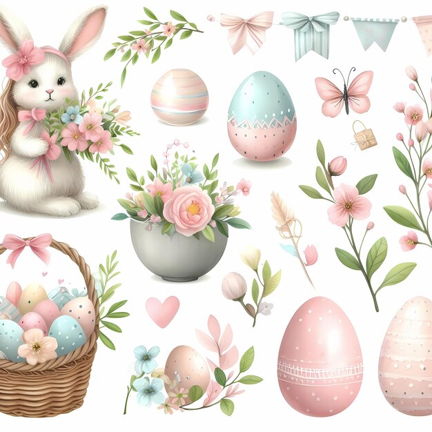 una colección de huevos de Pascua, incluidos huevos de conejo y de Pascua