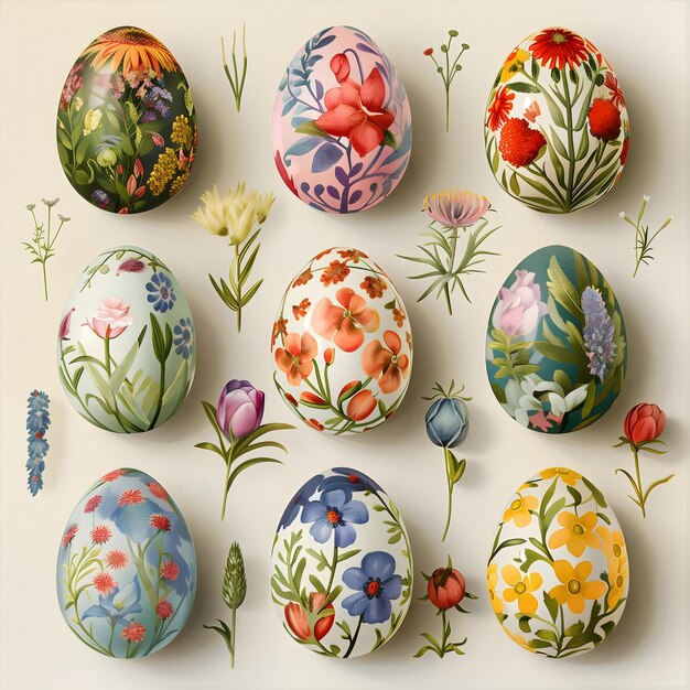 Foto una colección de huevos de pascua pintados pintados de diferentes estilos florales