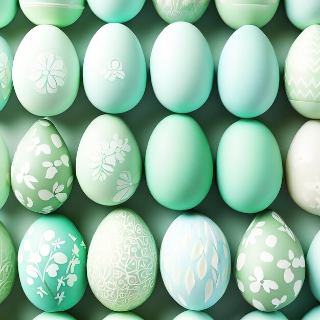 Colección de huevos perfectamente dispuestos con patrones florales de Pascua verde y azul de fondo