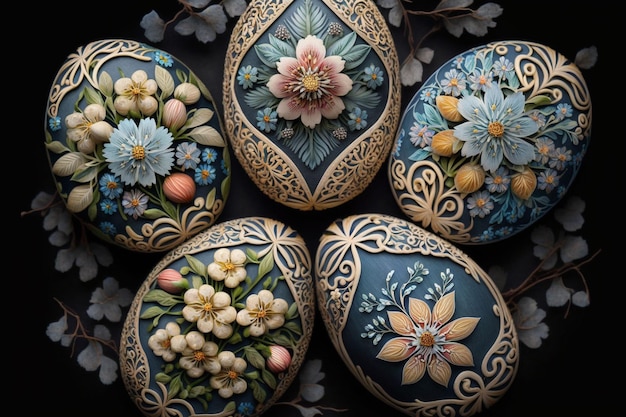 Una colección de huevos pintados con flores.