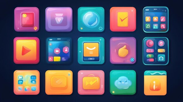 Colección de iconos de aplicaciones coloridas en fondo oscuro