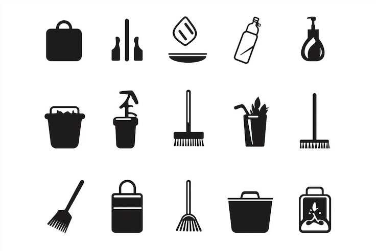 Foto colección de iconos en blanco y negro para la limpieza y la organización