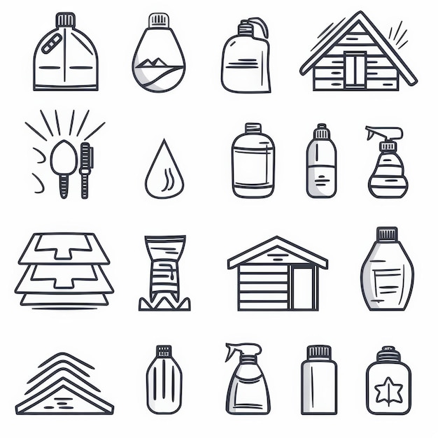 Colección de iconos de impermeabilización que representan varios revestimientos de techo y selladores diseñados en un estilo minimalista de líneas delgadas