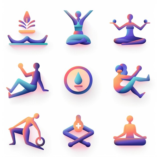 una colección de iconos incluyendo una persona haciendo ejercicios de yoga