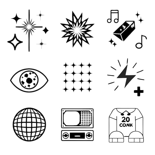 Colección de iconos minimalistas en blanco y negro monocromáticos Y2K