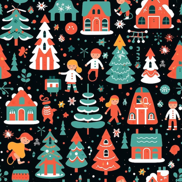 Una colección de íconos navideños y un fondo negro con una linda niña y un árbol de navidad.