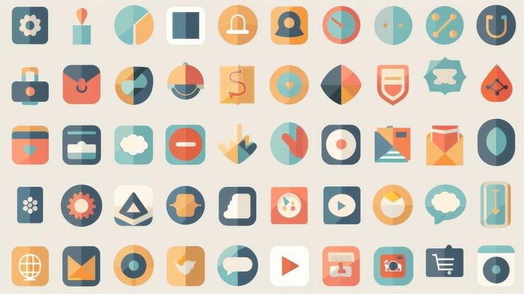 Colección de iconos planos de colores pastel con varios objetos y símbolos diseñados con un estilo moderno y minimalista