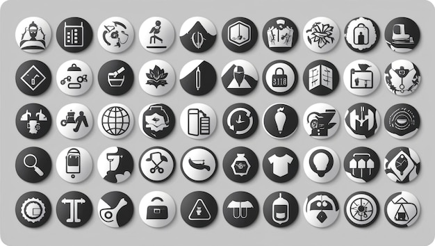 Una colección de íconos de proyectos de diseño en blanco y negro para aplicaciones modernas
