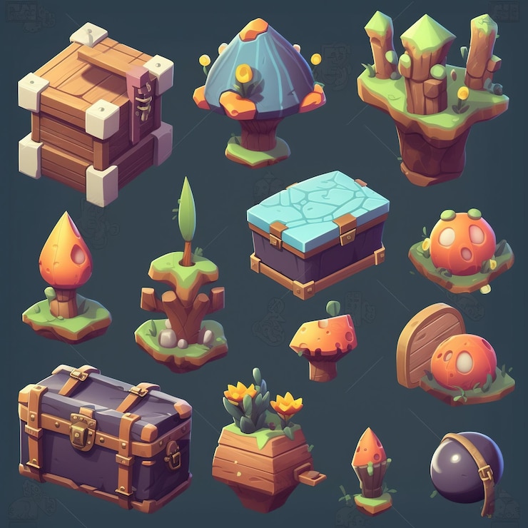 Foto una colección de íconos para los recursos del juego, incluidos un cofre del tesoro, un hongo, un hongo, un hongo, un hongo, un hongo, un hongo, un hongo, un hongo, un hongo
