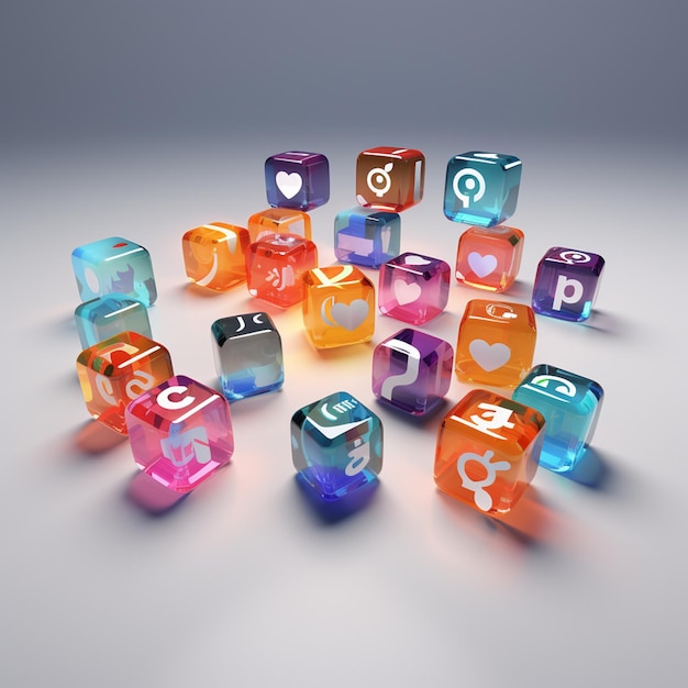 colección de iconos de redes sociales en 3D sobre una superficie transparente