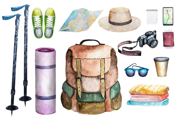 Colección de ilustración de acuarela de elementos para viajes turismo caminata Mochila bastones zapatillas documentos