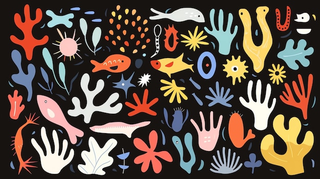 Una colección de ilustraciones coloridas y abstractas con temas oceánicos Las ilustraciones incluyen peces, corales, algas y otra vida marina