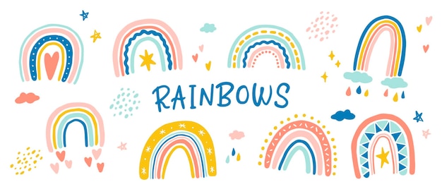 Colección de ilustraciones decorativas de arco iris dibujadas a mano Arte vectorial