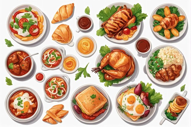 una colección de ilustraciones de deliciosos platos estadounidenses adecuados para menús de restaurantes o pancartas