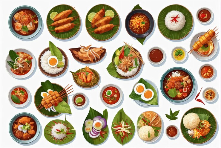 una colección de ilustraciones de deliciosos platos indonesios adecuados para menús de restaurantes o banne