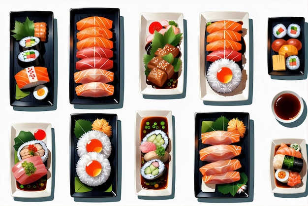 una colección de ilustraciones de deliciosos platos japoneses adecuados para menús o pancartas de restaurantes