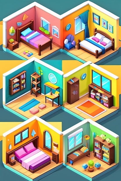 Foto una colección de ilustraciones de diferentes habitaciones que incluyen una cama, una mesa y una silla.