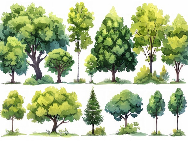 Colección de ilustraciones estilizadas de árboles de ceniza IA generativa