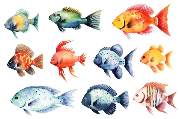 Una colección de ilustraciones de peces en acuarela.