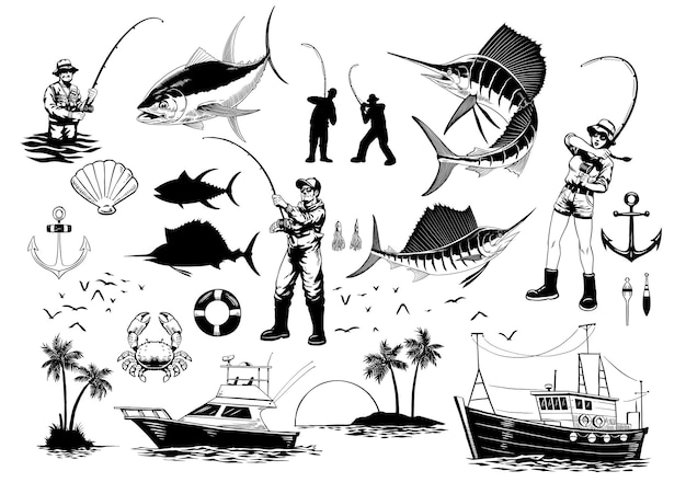 Foto colección de ilustraciones de pesca dibujadas a mano en blanco y negro