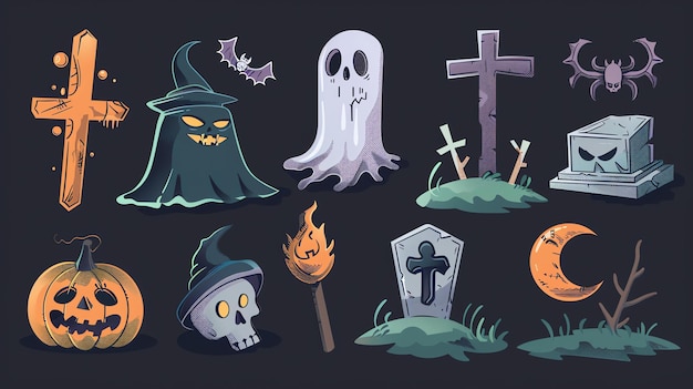 Foto una colección de ilustraciones con temas de halloween incluyendo una bruja un fantasma una calabaza un cráneo y una lápida