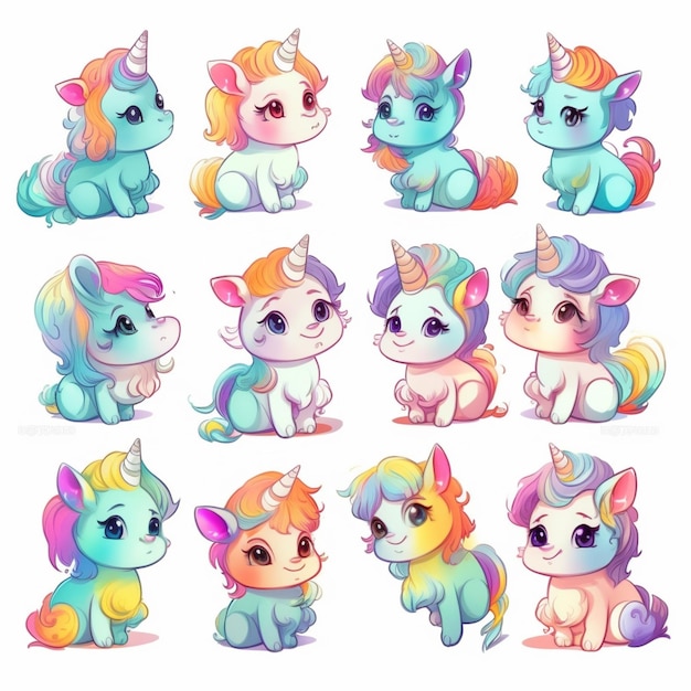 Una colección de ilustraciones de unicornios con diferentes colores.