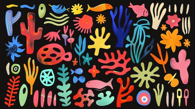 Una colección de ilustraciones vectoriales dibujadas a mano de varias plantas y animales submarinos
