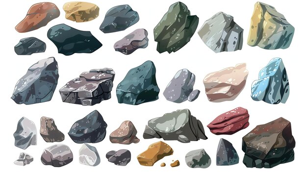 Una colección de ilustraciones vectoriales dibujadas a mano de varias rocas y piedras