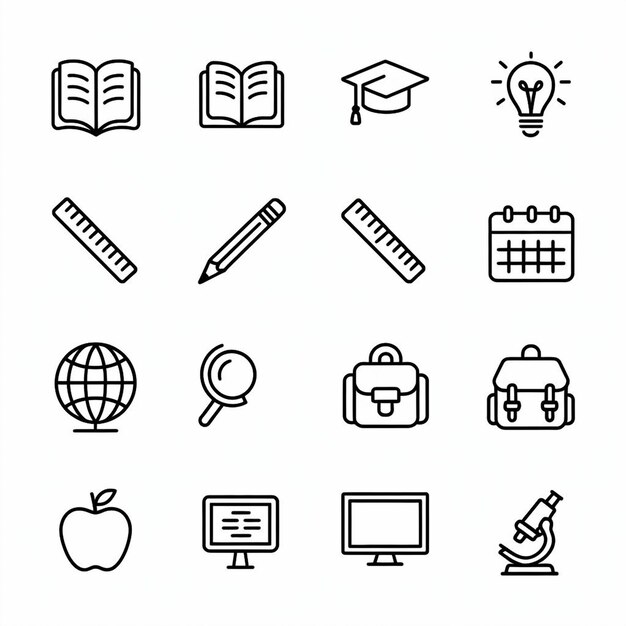 una colección de imágenes en blanco y negro de diferentes iconos, incluido un libro y un lápiz