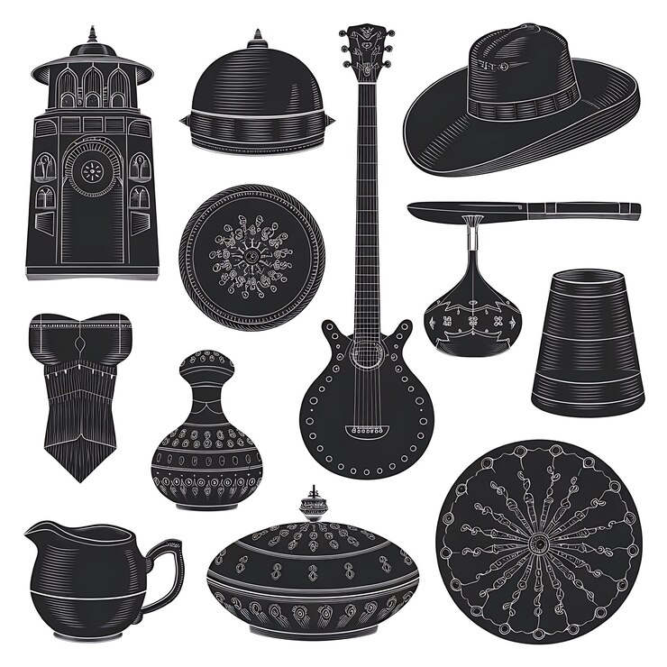 Foto una colección de imágenes en blanco y negro de una guitarra y un sombrero