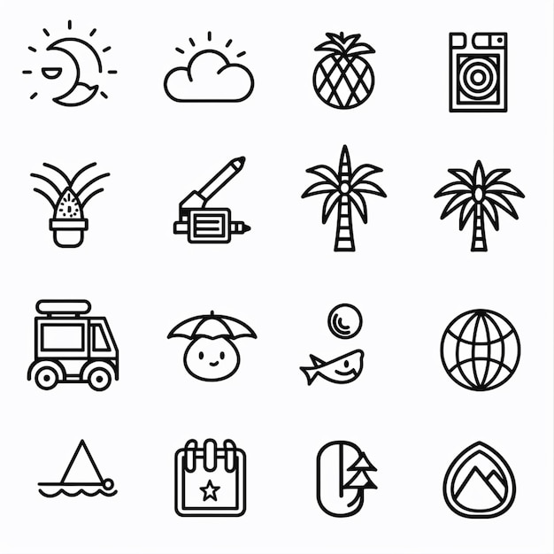 una colección de imágenes en blanco y negro incluyendo una cámara y una palmera
