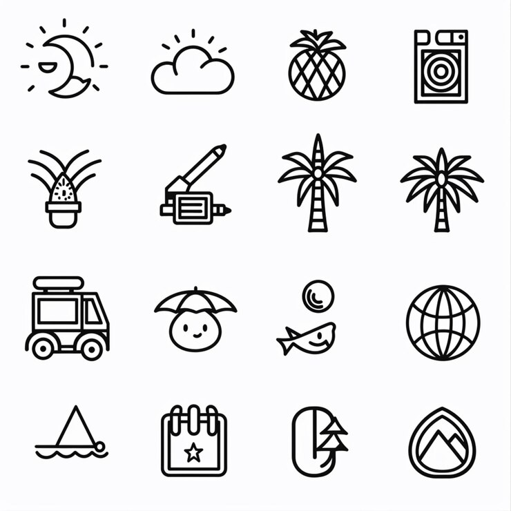 una colección de imágenes en blanco y negro incluyendo una cámara y una palmera