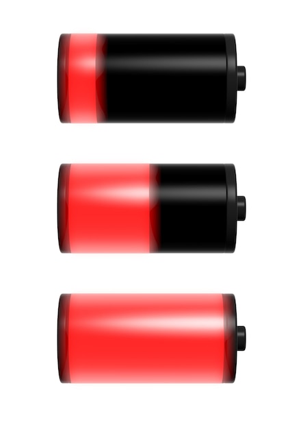 Colección de indicadores de nivel de carga de batería aislados en blanco