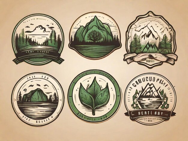 una colección de insignias que incluyen una montaña y un lago