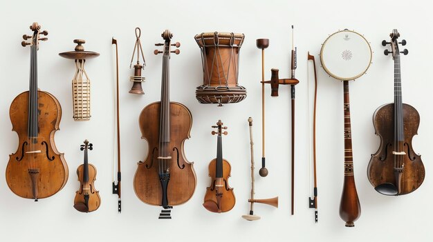 Una colección de instrumentos de cuerda antiguos, incluidos violines y un banjo dispuestos en una fila