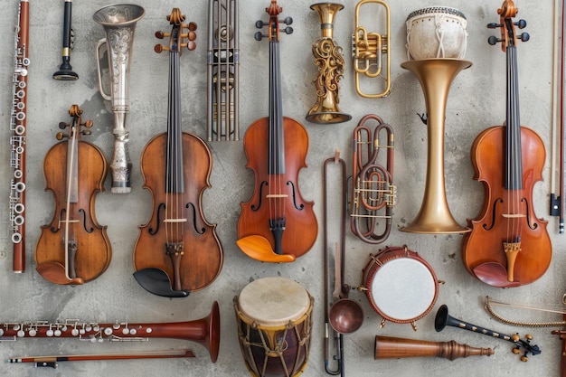 Una colección de instrumentos musicales dispuestos en una superficie gris