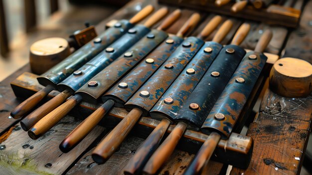 Una colección de instrumentos de percusión de metal y madera hechos a mano Los instrumentos están dispuestos en una fila sobre una superficie de madera