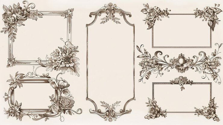 Colección de intrincados marcos florales decorativos con diseños florales detallados ideales para invitaciones