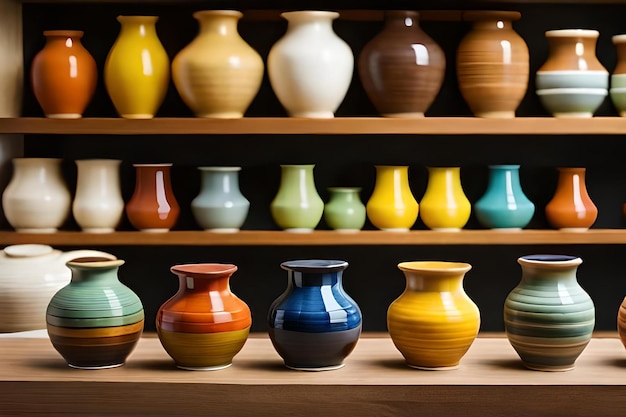 Una colección de jarrones coloridos se exhibe en un estante de madera.
