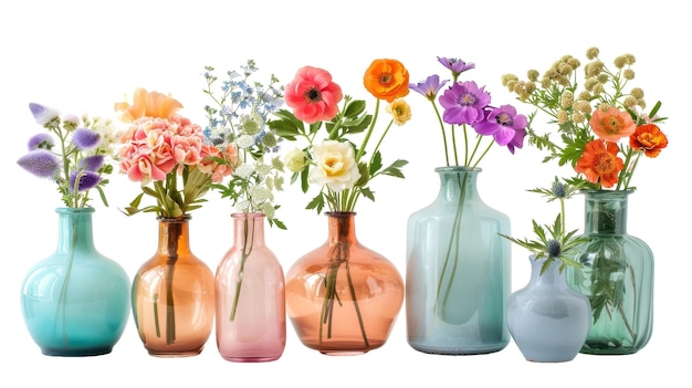 Una colección de jarrones con flores frescas sobre un fondo blanco
