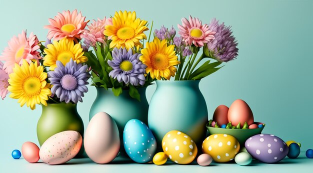 una colección de jarrones con flores y huevos en ellos con un fondo azul