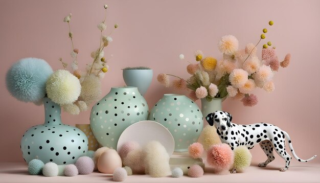 Foto una colección de jarrones con flores y un perro en la mesa