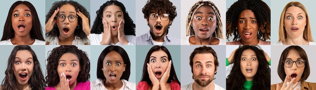 Foto colección de jóvenes sorprendidos posando en un collage gris