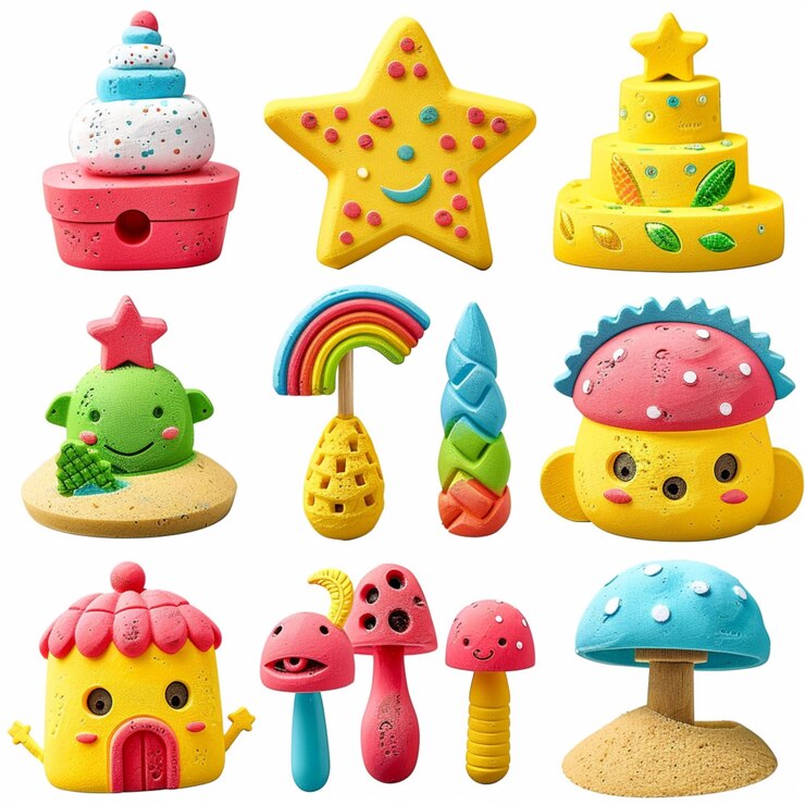 Foto colección de juguetes de arena de playa para niños con herramientas y personajes para construir castillos de arena