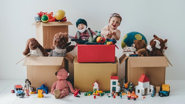 una colección de juguetes para niños se muestra con una casa de juguetes y una muñeca en el fondo