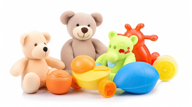 Una colección de juguetes que incluye un oso, un oso, un oso, un oso, un oso y una pelota.